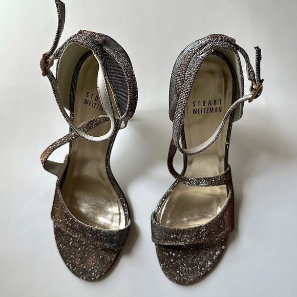 ✨STUART WEITZMAN Vixen Glitter Metallic Woven Strappy Sandals Pyrite Size 6.5 - Picture 8 of 16